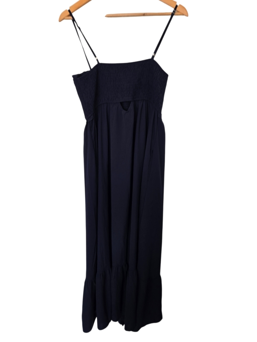 Navy Smocked Maxi Dress Adjustable Straps Button Front Flowy Size L NWT - Picture 3 of 7